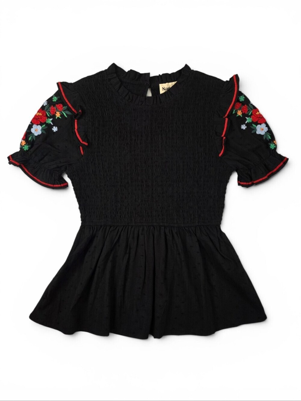 Savanna Jane Embroidered Smocked Swiss DotPeplum Top Boho Floral Black S